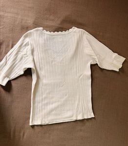 Cream Ribbed V-Neck Top