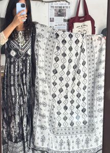 Black &amp; White Printed Kurta Set with Dupatta