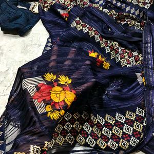 Elegant Navy Blue Floral Saree
