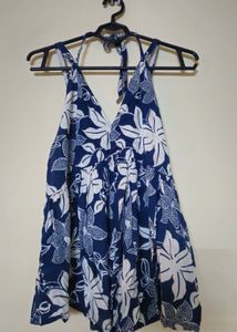 Blue Floral Halter Neck Dress