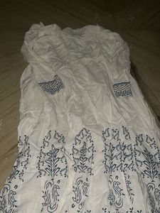White Kurta with Blue Block Print