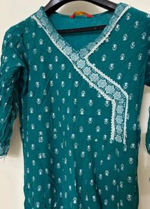 Teal Printed Kurta with Lace Detail