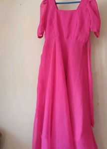Vibrant Pink Square Neck Puff Sleeve Midi Dress