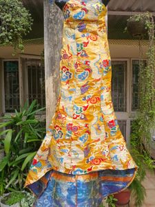 Oriental Dragon Print Off Shoulder Jaquard Gown