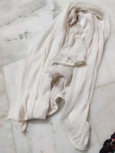 Sheer White Dupatta with Pom-Pom Trim