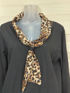 Chic Black Top with Leopard Print Scarf Detail