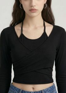 Stylish Black Ribbed Wrap Top
