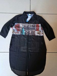 Sheer Black City Print Tunic Shirt