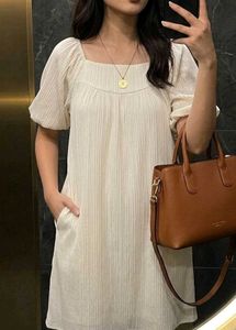 Cream Textured Square Neck Dress