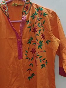 🍊 BitterLime Orange Embroidered Kurta – Size L 🍊