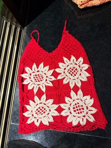 Red Crochet Top with Floral Detail