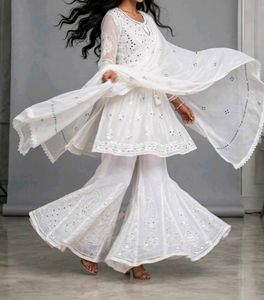 Elegant White Mirror Work Kurta Set