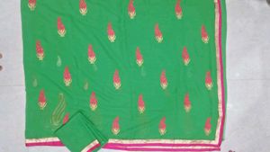 parrot Green Embroidered Saree with blouse piece