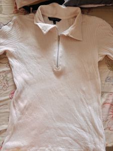Ribbed Zip Polo Top with Stripe Detail