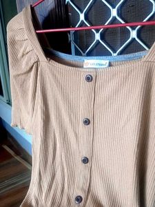 beige Ribbed Square Neck Top