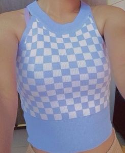Checkerboard Halter Neck Knit Top