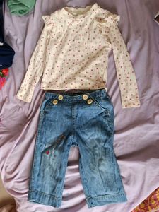 Cute Heart Print Top & Denim Pants Set