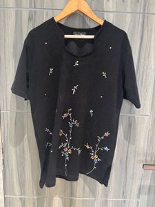 Black Embroidered Floral Top