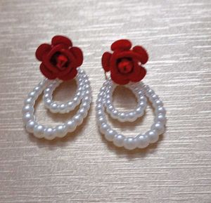 Red Rose Pearl Dangle Earrings