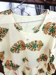 Cream Floral Print Kurta and plazo set with pure c