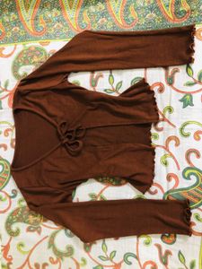 Brown Lettuce Trim Long Sleeve Top