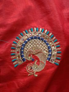 Red Saree with Peacock Embroidery