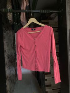 Pink Ribbed Button-Up Crop Top