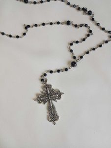 Black Beaded Rosary Necklace