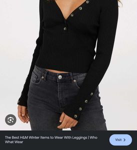 Black Ribbed Button-Up Top