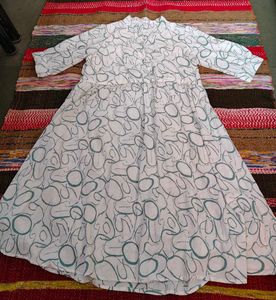 Flowy White & Teal Abstract Print Dress