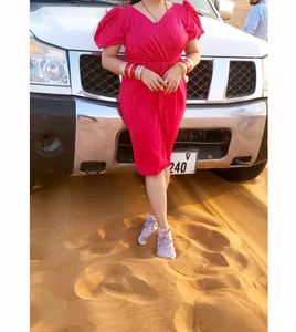 Vibrant Pink V-Neck Puff Sleeve Dress