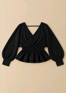 BLACK WRAP-STYLE BLOUSE WITH PUFF SLEEVES