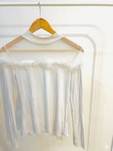 White Top with Mesh neck Fur Trim