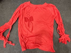 Red Embellished Bow Long Sleeve Top