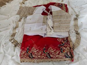 White &amp; Red Sequinned Lehenga Choli