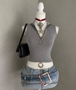 Grey Zip Neck Ribbed Tank Top