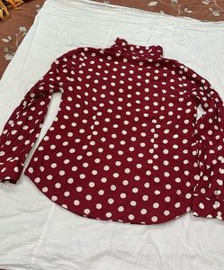girls Maroon shirt white Polka Dot Button-Up