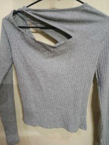 Grey Long Sleeve Cut-out Top