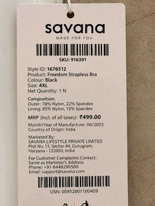🖤 Brand New Savana Black Strapless Bra – 4XL 🖤