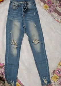 Distressed Blue High Waist Denim Jeans