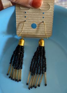 New Black Beaded Tassel Earrings with Golden Caps