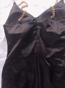 satin Black Dress padded with Gold Chain Straps