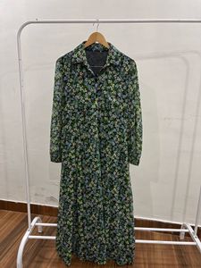 Long Sleeve Green Dainty Floral Print Midi Dress