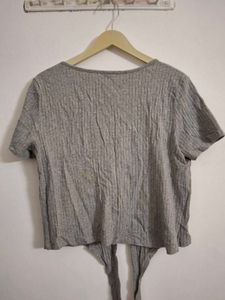 Gray Ribbed Button-Front Tie-Hem Top