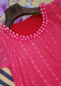 Elegant Pink Lace Kurta with Pearl Neckline