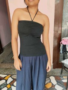 Black Ruched Halter Neck Tube Top