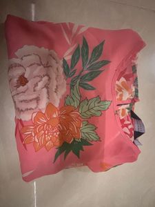 Pink Floral Print Top with Flutter Bell Sleeves -