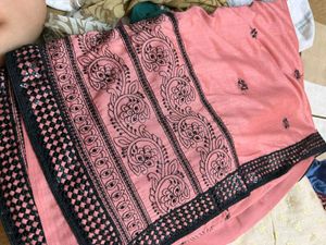 Elegant Pink Saree with Black Paisley Embroidery