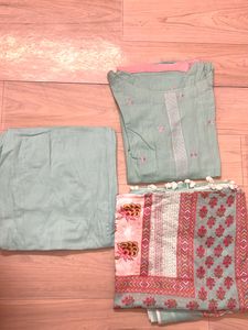 Light Blue Kurta Set With Printed Floral Dupatta