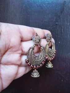 Antique Gold Jhumka Earrings with Red Beads